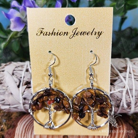 Tiger's Eye Tree of Life Earrings #14 - Picture 1 of 2